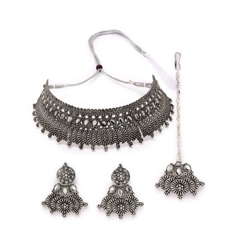 Sukkhi Oxidised Silver Plated Choker Necklace Set With Earring Mangtikka Set|NS105642 | NS105642