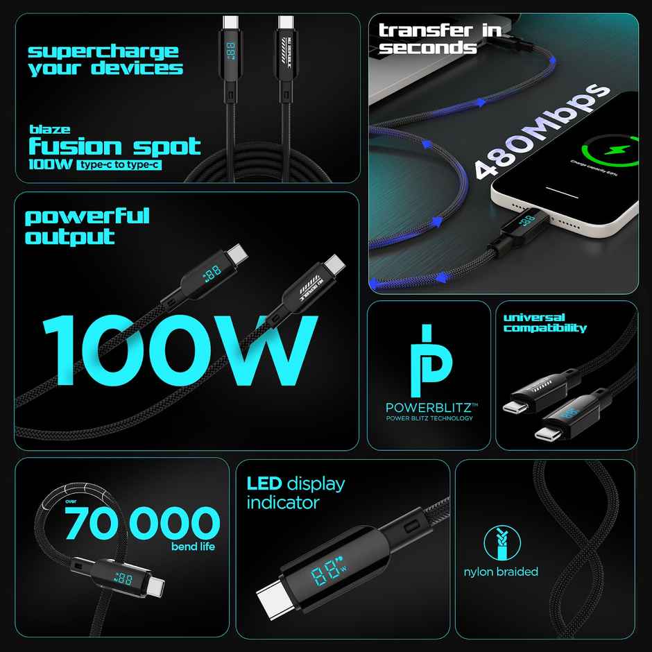 Nu Republic Blaze Fusion Spot 100W With Led Display Data Charging Cable (Type-C To Type-C, Black)