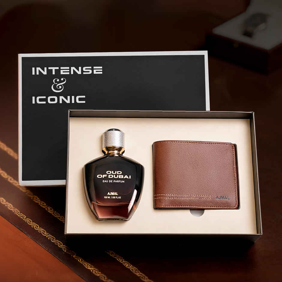 Ajmal Men's Gift Set Oud of Dubai EDP Leather Wallet