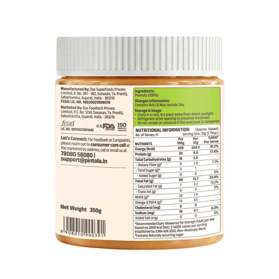 Pintola All Natural Peanut Butter, Extra Crunchy, Unsweetened, 30g Protein