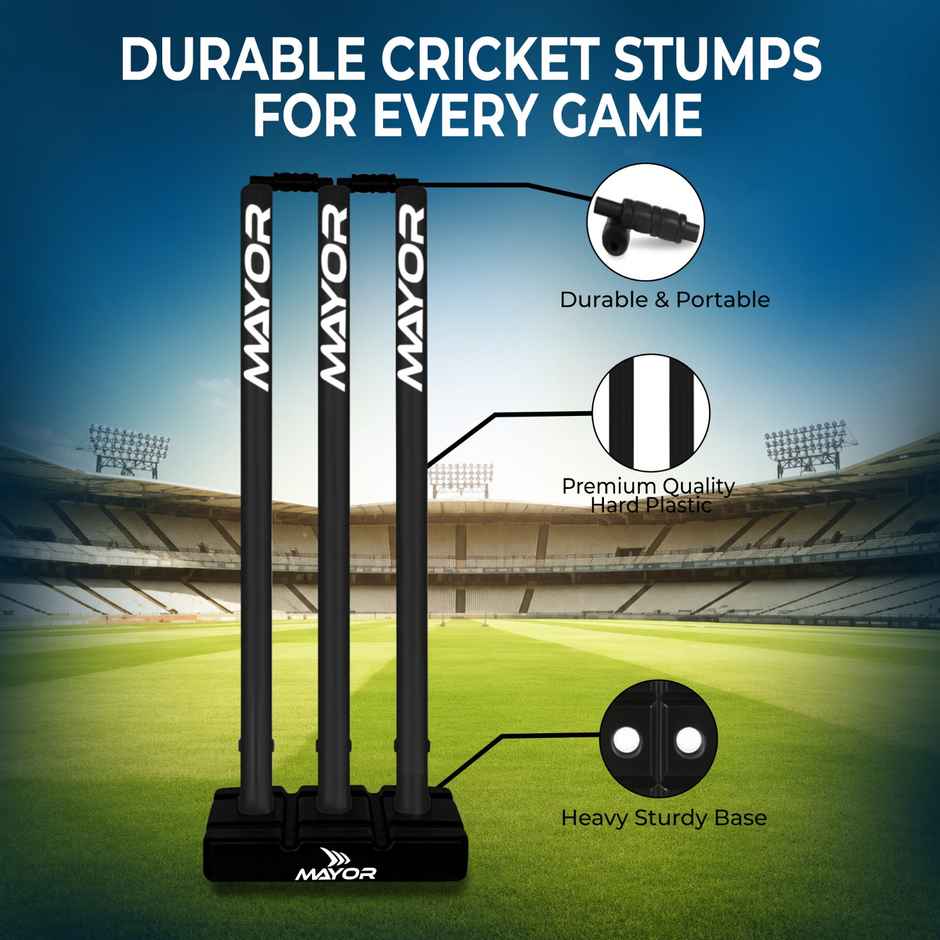 Mayor Cricket Stumps with Stand and Bails | Plastic Wickets Set | Black