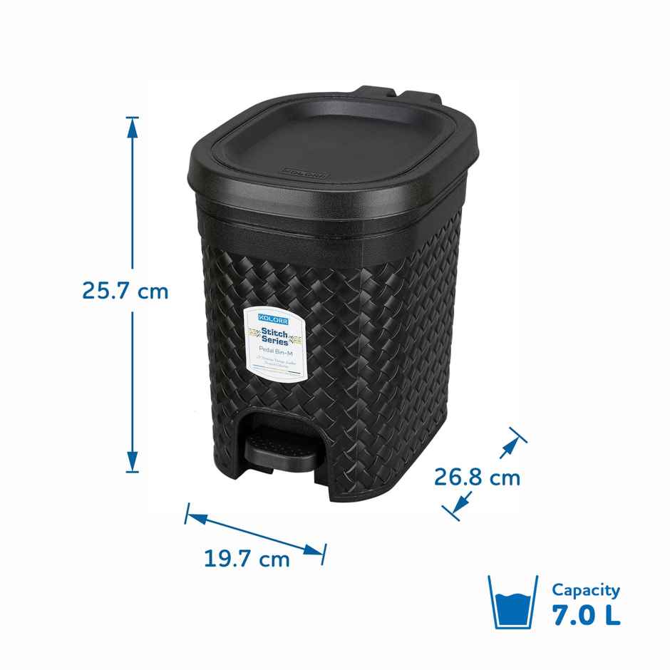 Kolorr Stitch 7L Plastic Pedal Modern Design Waste Bin (Black)