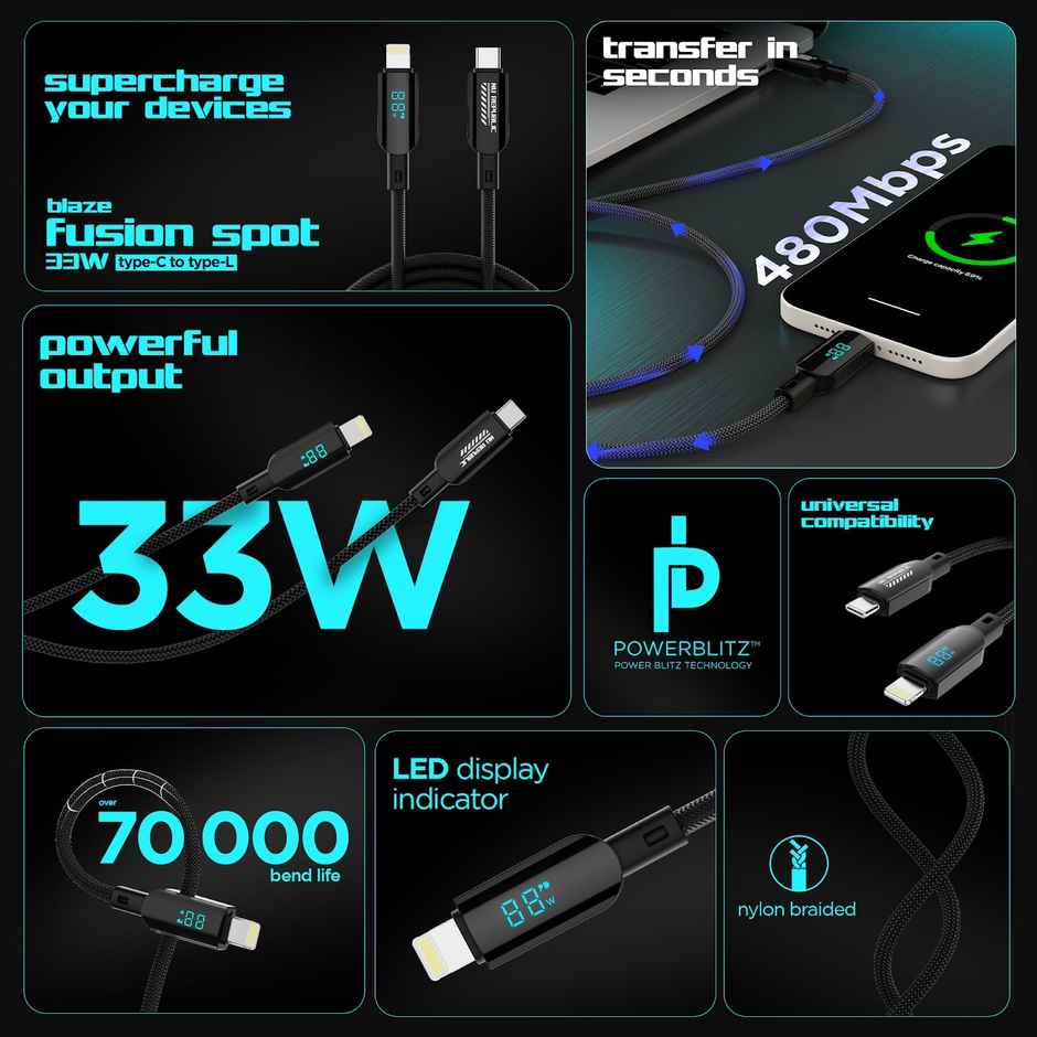 Nu Republic Blaze Fusion Spot 33W With Led Display Data Charging Cable (Type-C To Type-L, Black)