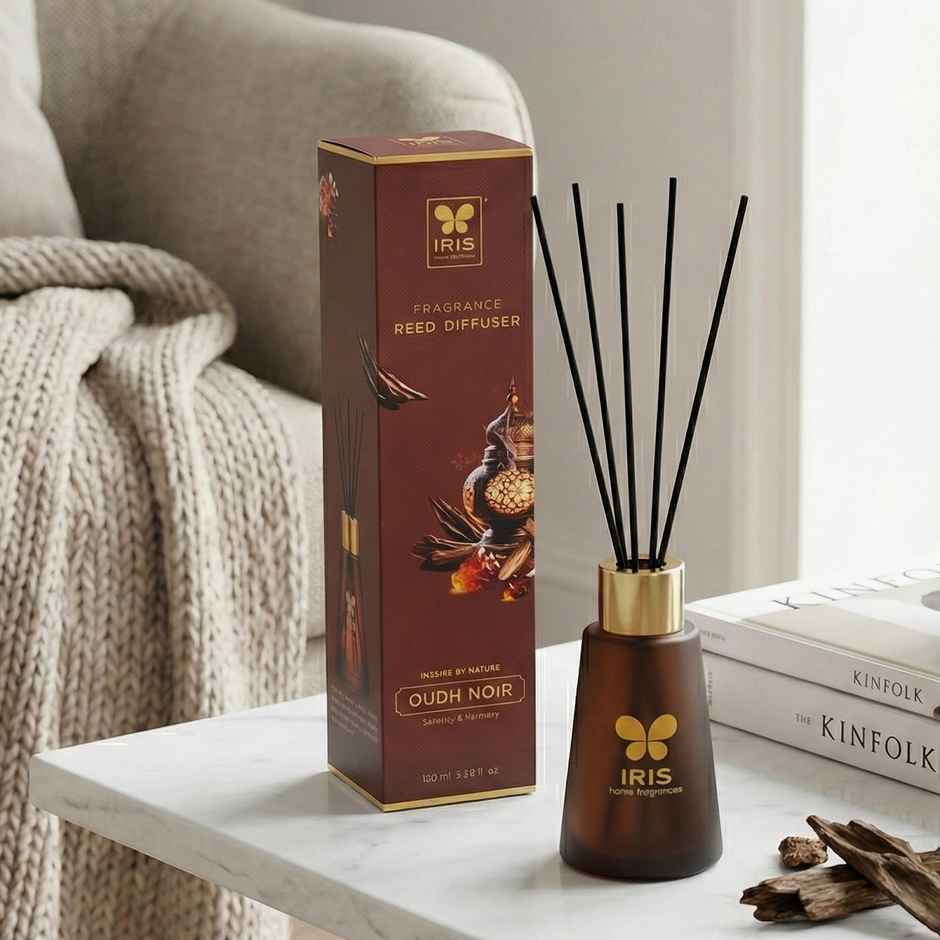 IRIS Oudh Noir Frosted Glass Reed Diffuser Set | Oil and 5 Fibre Reed sticks