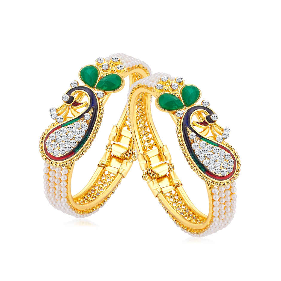 Sukkhi Glittery Pearl Gold Plated Peacock Meenakari Austrian Diamond Kada Combo For Women