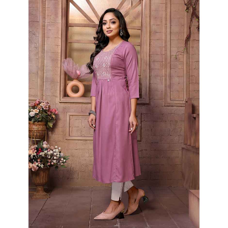Rangita Women s Wine Rayon Embroidered Calf Length A-Line Kurta | L
