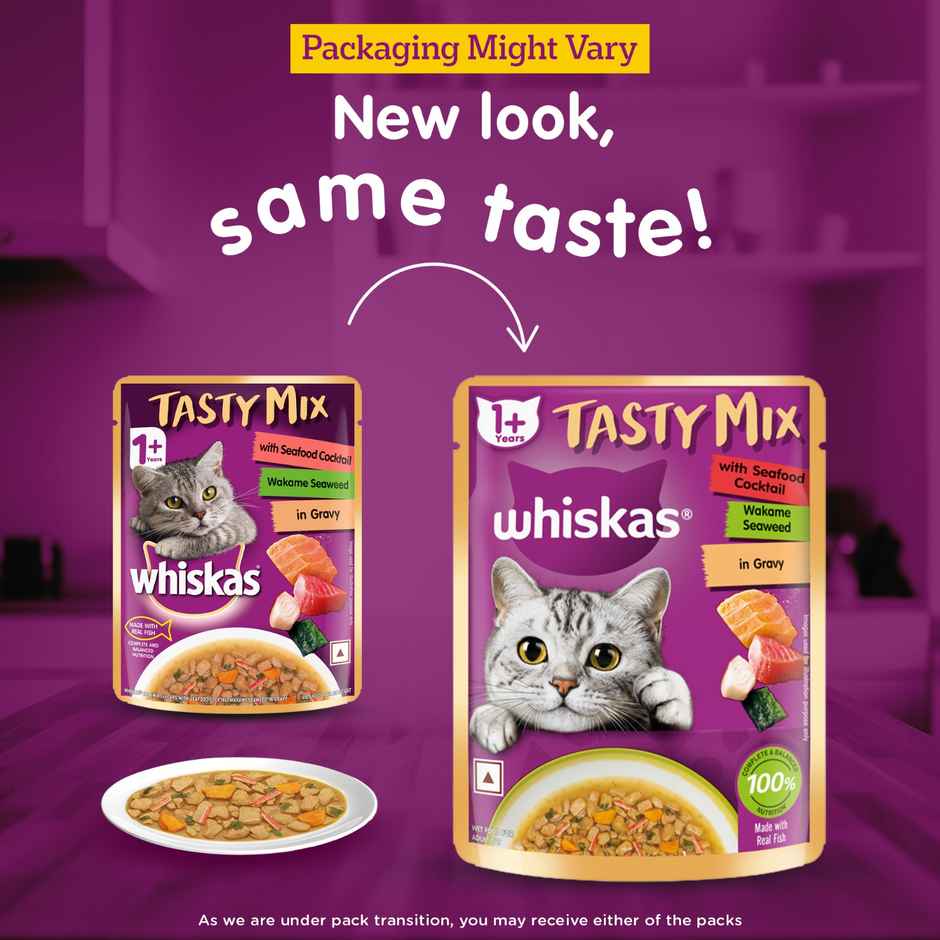 Whiskas Tasty Mix Adult Wet Cat Food, Seafood Cocktail Wakame Seaweed in Gravy