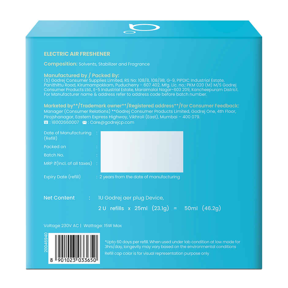 Godrej aer Plug Electric Air Freshener Machine with 2 Refills, Fresh Wind Fragrance, Lasts Up to 120 Days