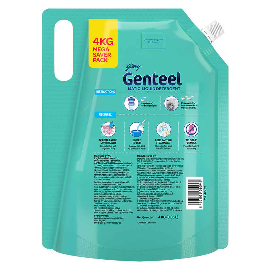 Genteel Liquid Detergent Refill Pouch - Front Load