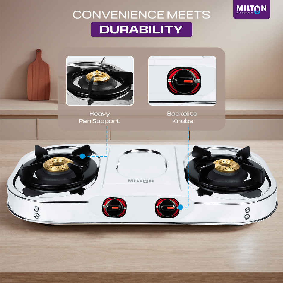 Milton Royal Stainless Steel Gas Stove 2 Burners | ISI Certified Manual Ignition