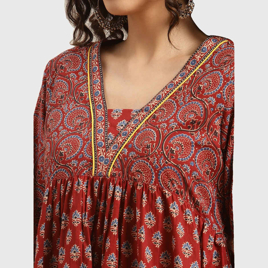 Varanga Women's Bandez Printed Anarkali Kurta | VKUR64 | Maroon and Blue - M
