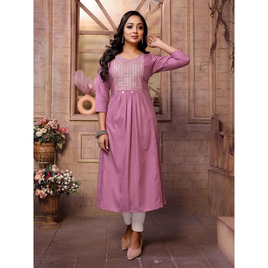 Rangita Women s Wine Rayon Embroidered Calf Length A-Line Kurta | L