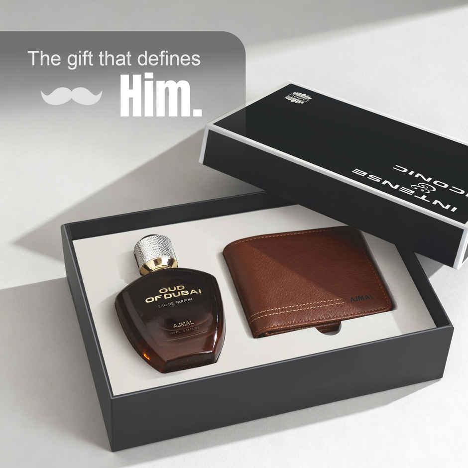 Ajmal Men's Gift Set Oud of Dubai EDP Leather Wallet