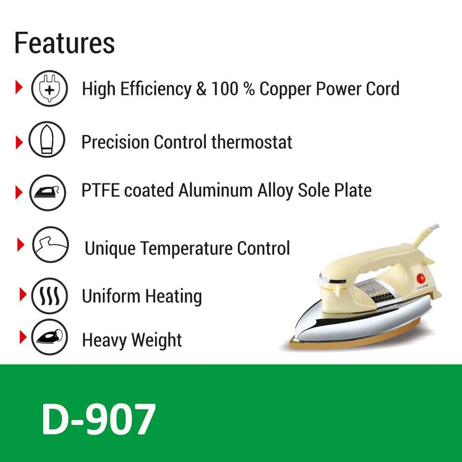 Greenchef D - 907 Heavy Weight 1000 W Dry Iron, 360 Degree Swivel Cord, Cool Touch Body - Yellow