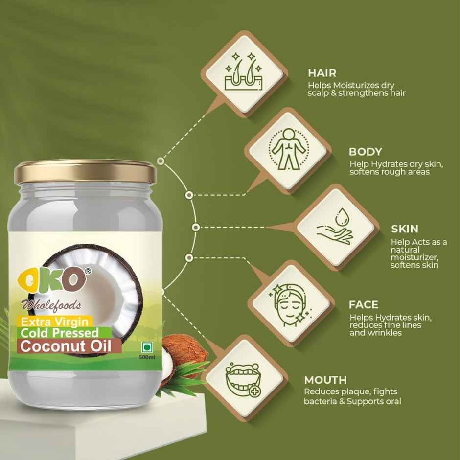 OKO Wholefoods Organic Extra Virgin Coconut Oil | Cold Pressed & Unrefined | Glass Bottle