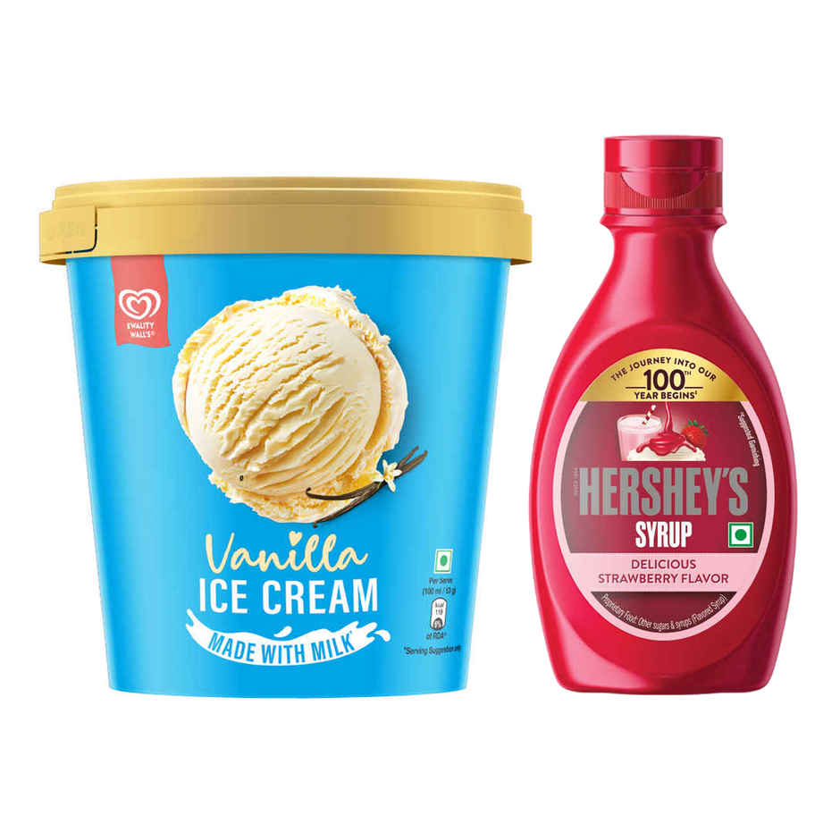 Kwality Wall'S The Dairy Factory Vanilla Ice Cream Tub (700ml) & Hershey'S Strawberry Syrup (180g) Combo