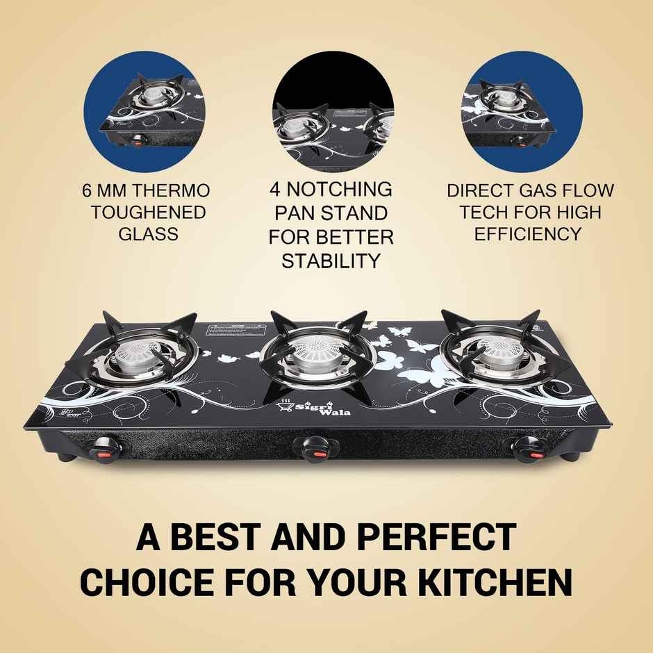 Sigri-Wala Cute 3B Toughened Glass Tornado Burner(Bk) Manual Gas Stove Stainless Steel (3 Burners)