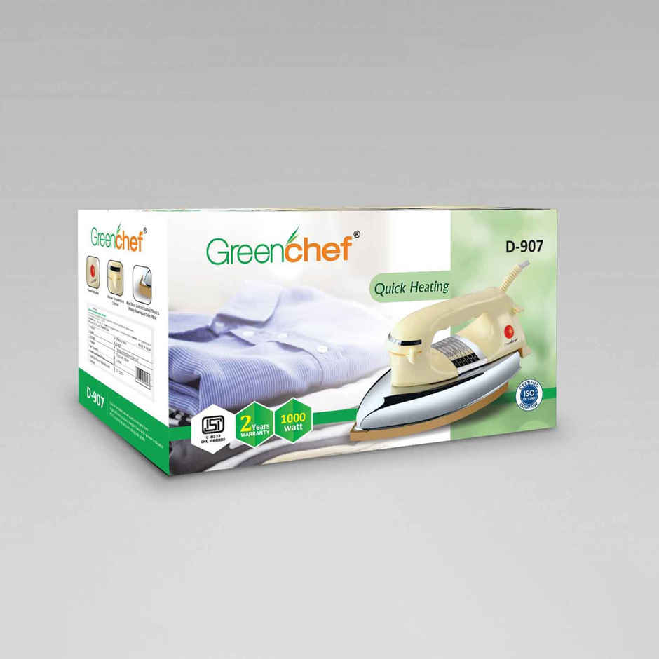 Greenchef D - 907 Heavy Weight 1000 W Dry Iron, 360 Degree Swivel Cord, Cool Touch Body - Yellow