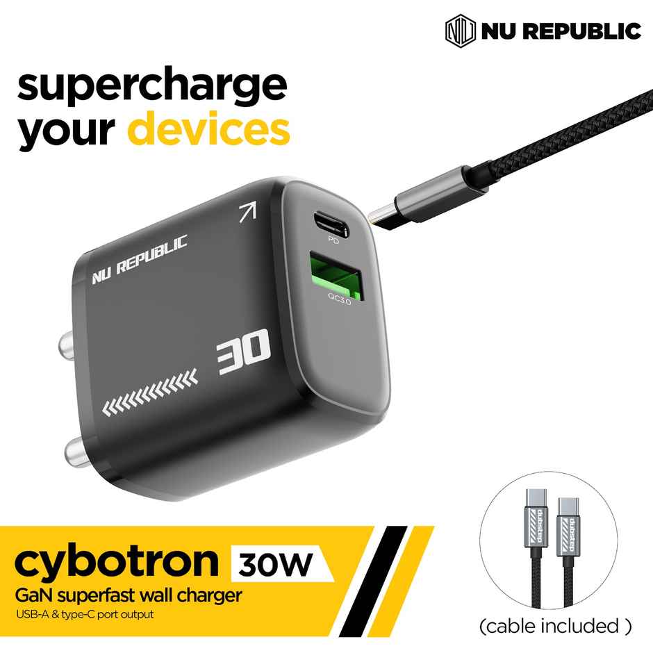 Nu Republic 30 W GaN 4 A Dual Port Mobile Charger with Detachable Cable - Black