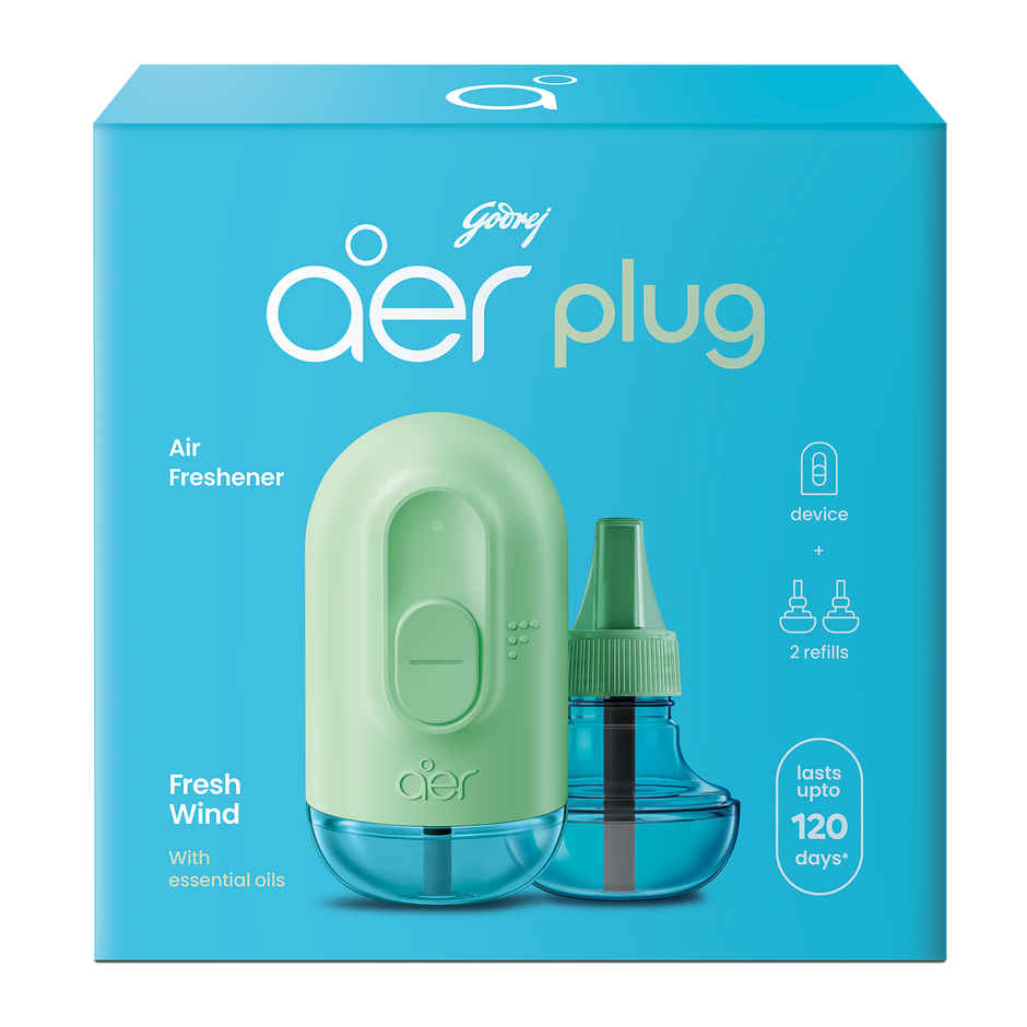 Godrej aer Plug Electric Air Freshener Machine with 2 Refills, Fresh Wind Fragrance, Lasts Up to 120 Days