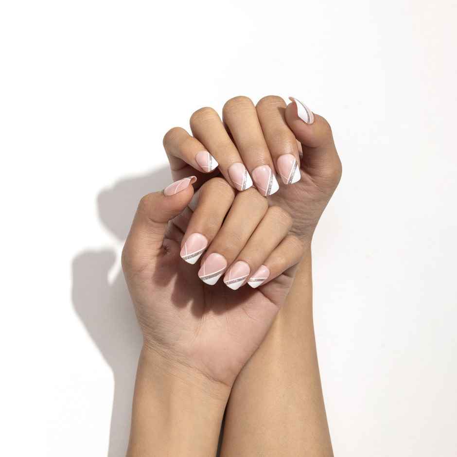 Pep Nails | Luxie Tips | Medium Square Nude French | Glossy Glitter Press On Nails | 24 Tips