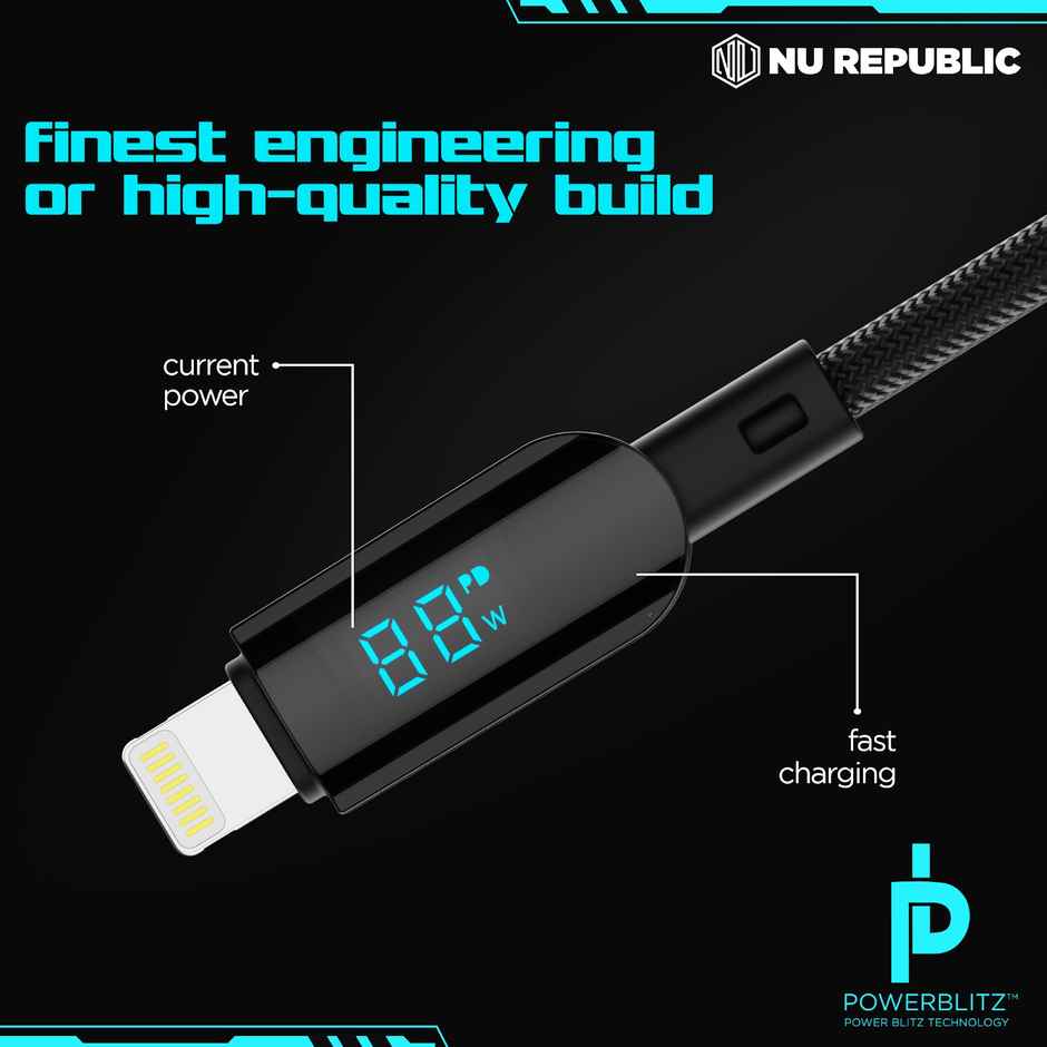Nu Republic Blaze Fusion Spot 33W With Led Display Data Charging Cable (Type-C To Type-L, Black)