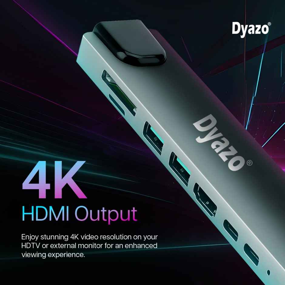Dyazo 8-in-1 USB-C Hub with HDMI | PD | Ethernet | SD/TF | USB 3.0 - Space Grey