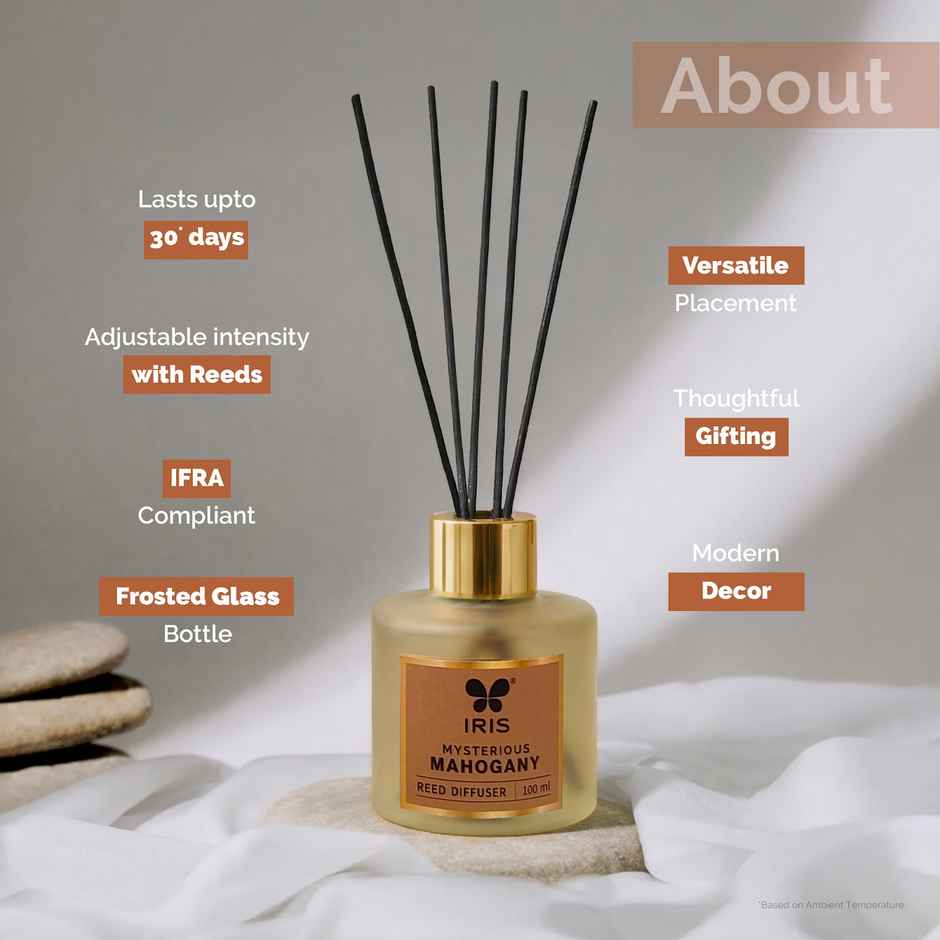 IRIS Mysterious Mahagony Frosted Glass Reed Diffuser Set | Oil and 5 Fibre Reed sticks