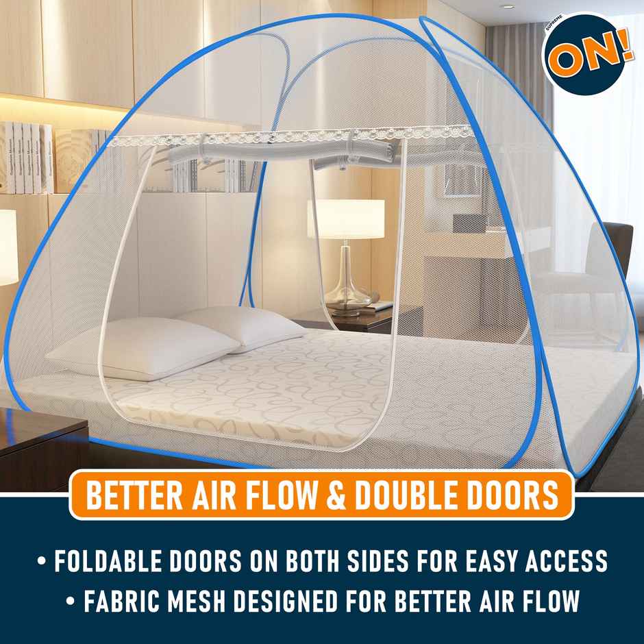 Supreme On Foldable Mosquito Net For Double Bed | WHite & Blue - 6.5 x 6.5 ft
