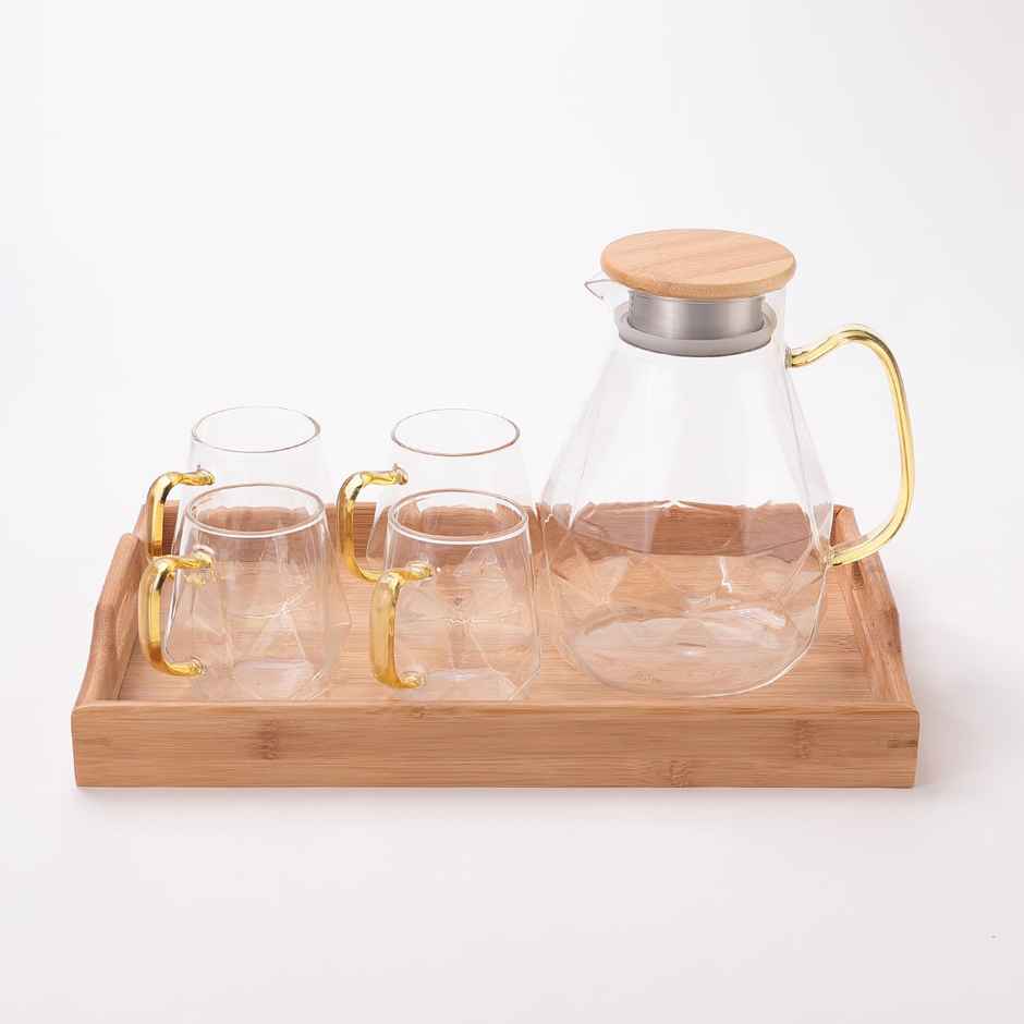 Umai Borosilicate Glass Water Jug With Lid (2000 ml), 4 Cups (340 ml) & Tray | Glass Jug For Water