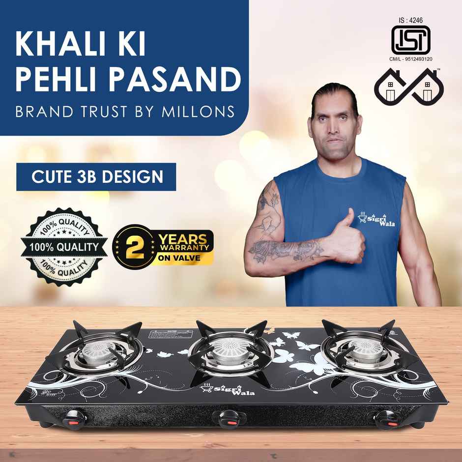 Sigri-Wala Cute 3B Toughened Glass Tornado Burner(Bk) Manual Gas Stove Stainless Steel (3 Burners)