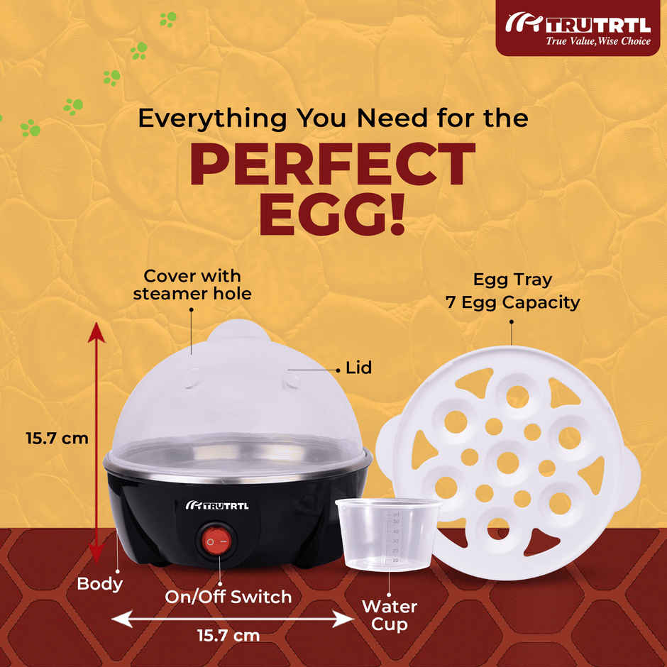truTRTL Smart Instant Egg Boiler Machine 350 Watts | Plastic, 414 ml, Boil upto 7 Eggs (Hard, Medium, Soft)Automatic, Overheat Protection - Black
