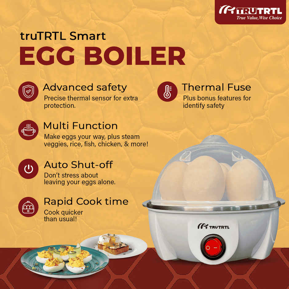 truTRTL Smart Instant Egg Boiler Machine 350 Watts | Boil upto 7 Eggs, 3 Modes, Automatic, Overheat Protection (414 ml) - White