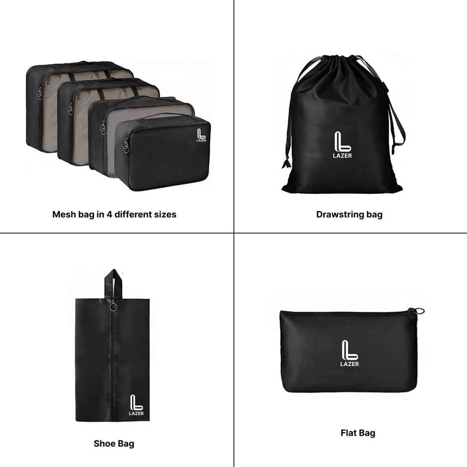 Lazer Polyester Travel Organizer Bag 3 Packing Cubes + 3 Pouches + 1 Toiletry Organizer Bag | Black