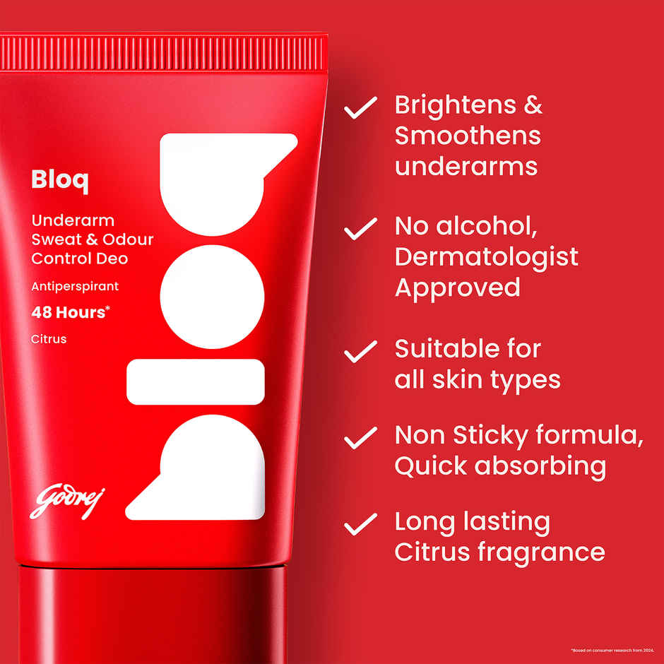Godrej Bloq Underarm Sweat & Odour Control Deo Citrus | Antiperspirant Stick