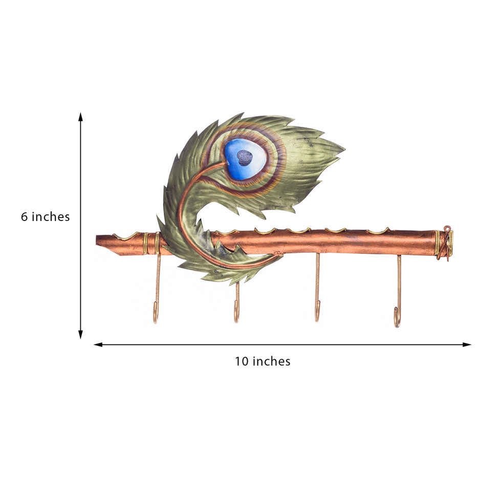 Ecraftindia Wrought Iron Flute With Peacock Feather Designer Key Holder With 4 Key Hooks For Wall