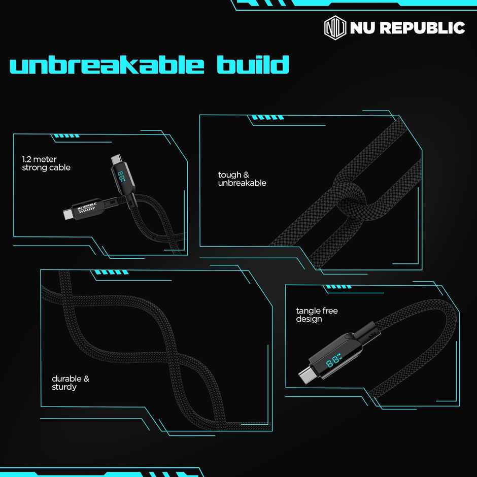 Nu Republic Blaze Fusion Spot 100W With Led Display Data Charging Cable (Type-C To Type-C, Black)