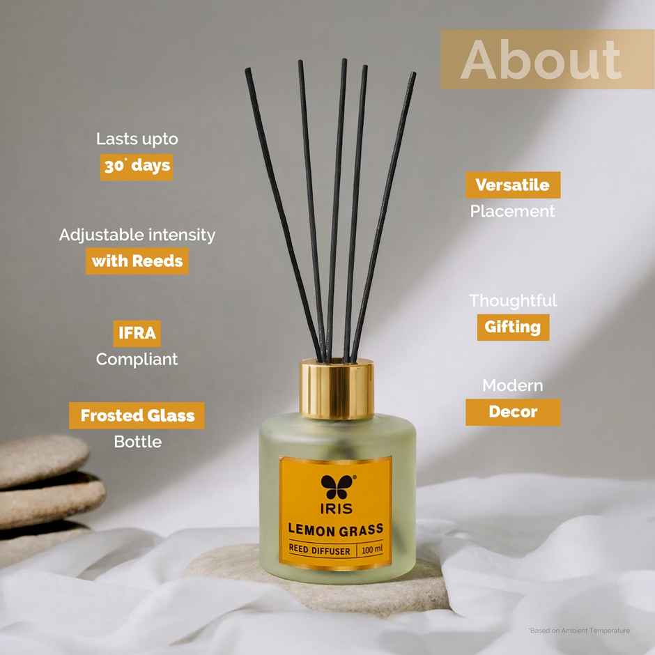 IRIS Lemongrass Frosted Glass Reed Diffuser Set | Oil and 5 Fibre Reed sticks
