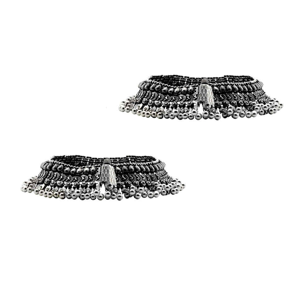 Teejh Teejh Roma Coin Silver Oxidized Ghungroo Anklets