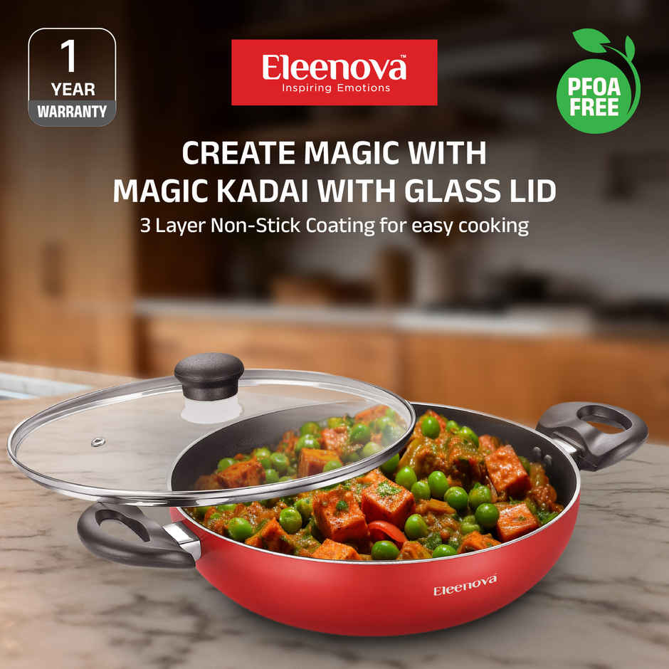 Eleenova Magic Nonstick | Non - Induction Kadai with Glass Lid | 3 Layer Non Stick Coating