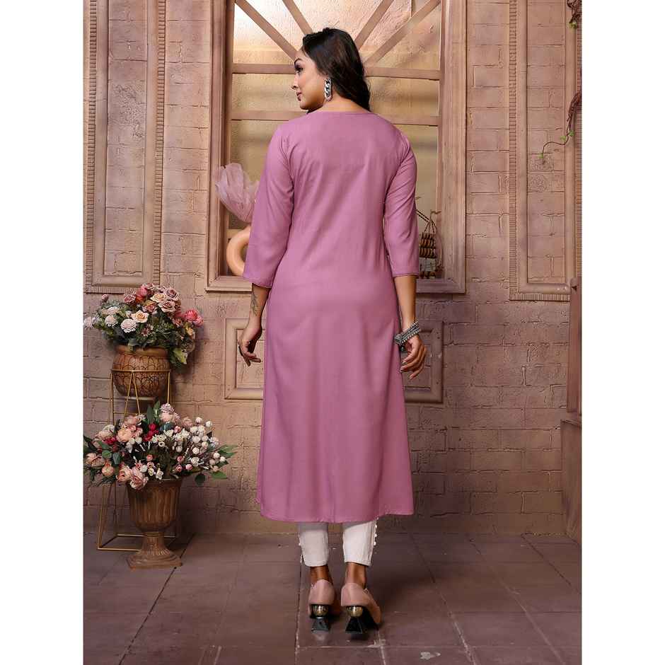 Rangita Women s Wine Rayon Embroidered Calf Length A-Line Kurta | L