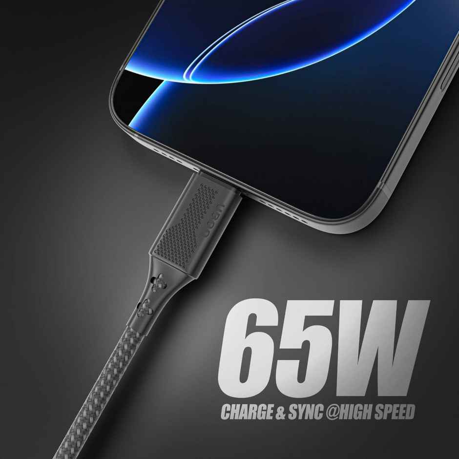 UBON Braided WR408 Type-C Cable 65W 2mtr Fast Charging Cable Unbreakable 5000+ bend Test For Smartphones,Tablets,Laptops & Other Micro USB enabled Devices,480Mbps Data Sync - Black