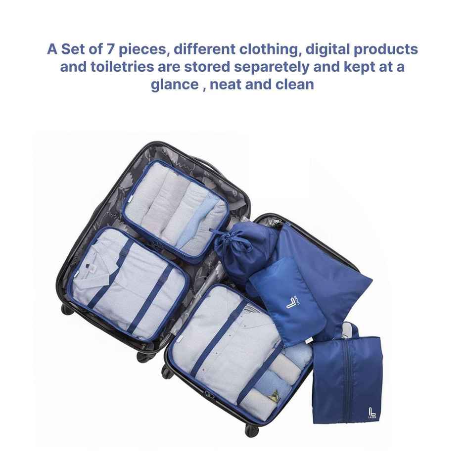 Lazer Polyester Travel Organizer Bag 3 Packing Cubes + 3 Pouches + 1 Toiletry | Dark Blue