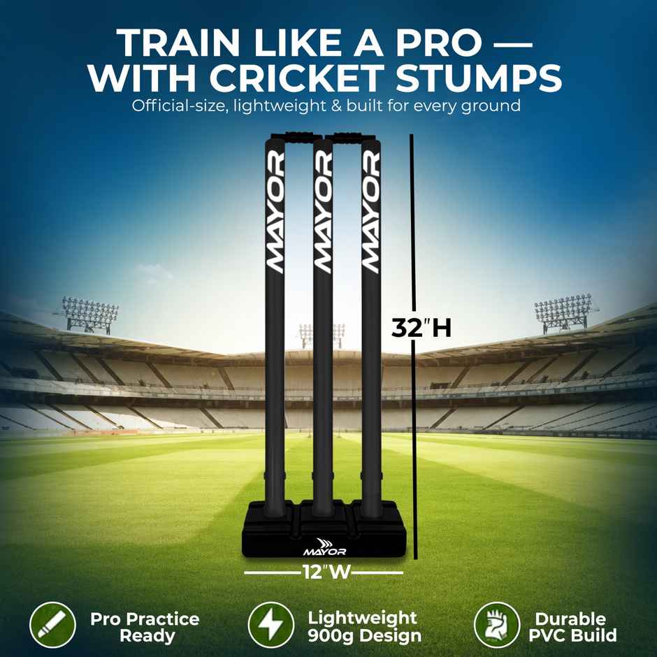 Mayor Cricket Stumps with Stand and Bails | Plastic Wickets Set | Black