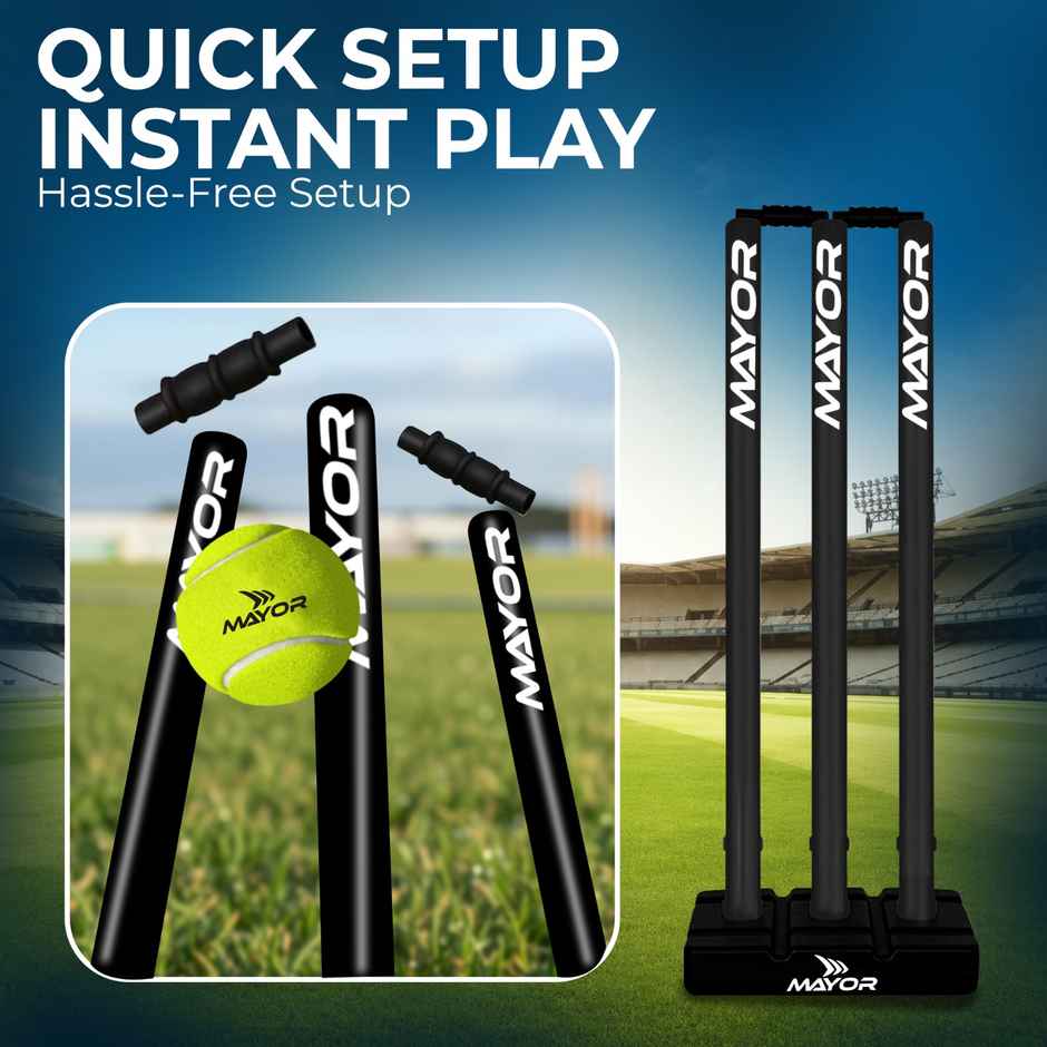 Mayor Cricket Stumps with Stand and Bails | Plastic Wickets Set | Black