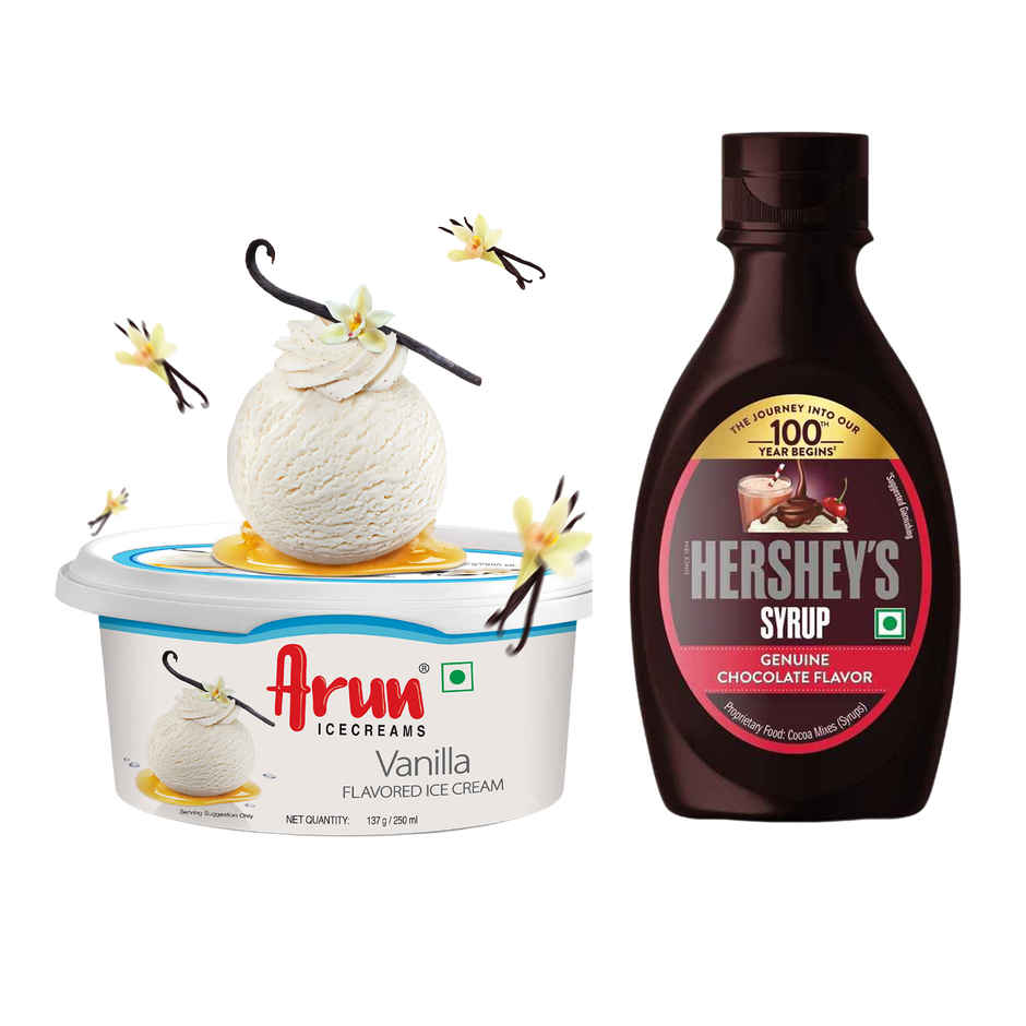 Arun Vanilla Ice Cream Tub | Classic Creamy Flavour (250ml) & Hershey'S Chocolate Syrup | Topping Sauce (180g) Combo