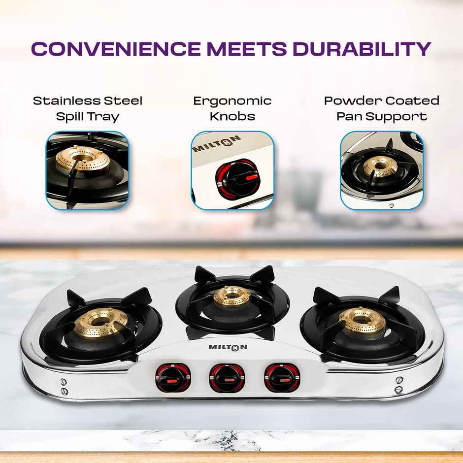 Milton Royal Stainless Steel Gas Stove 3 Burners | ISI Certified Manual Ignition