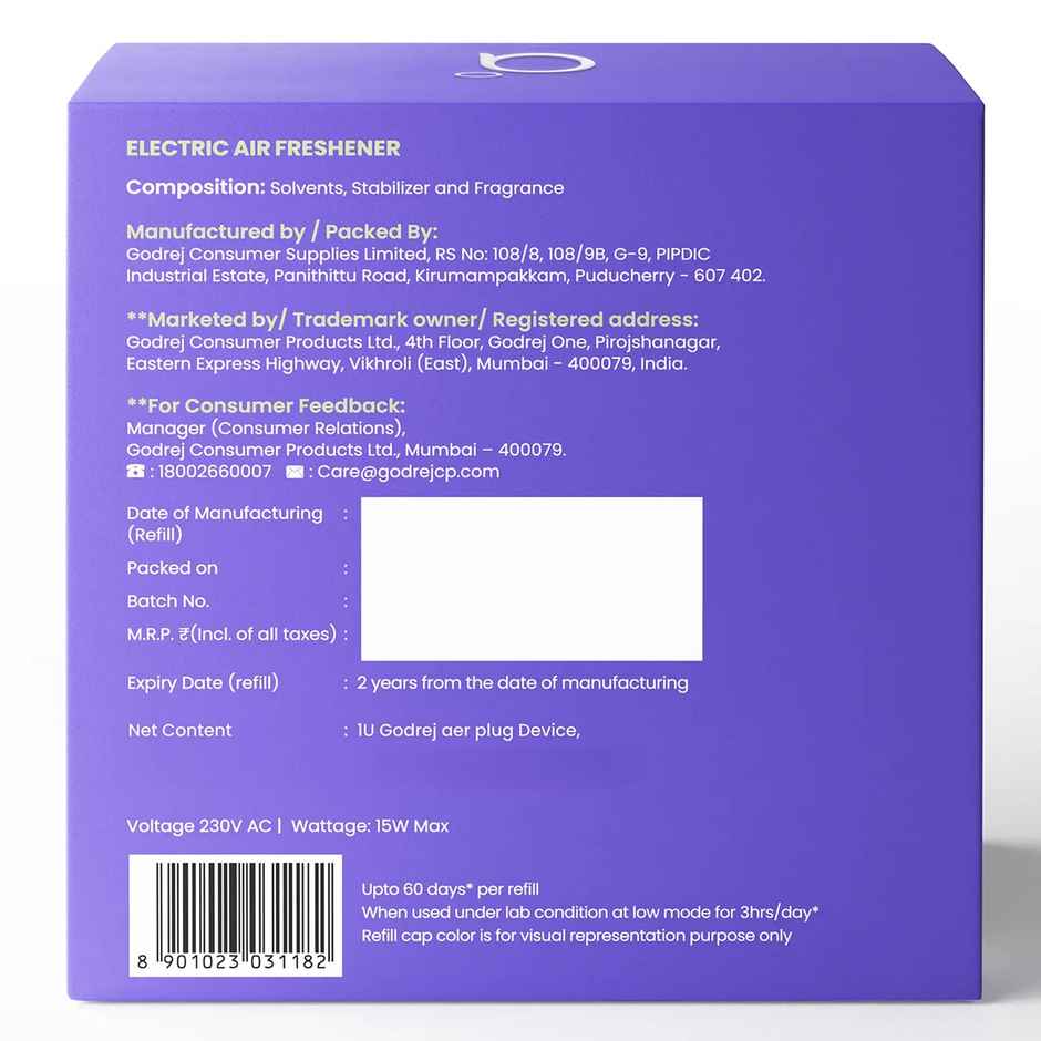 Godrej aer Plug Violet Bloom | Machine | 2 Refills | Electric Air Freshener
