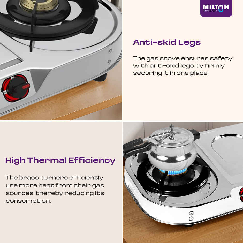Milton Royal Stainless Steel Gas Stove 2 Burners | ISI Certified Manual Ignition