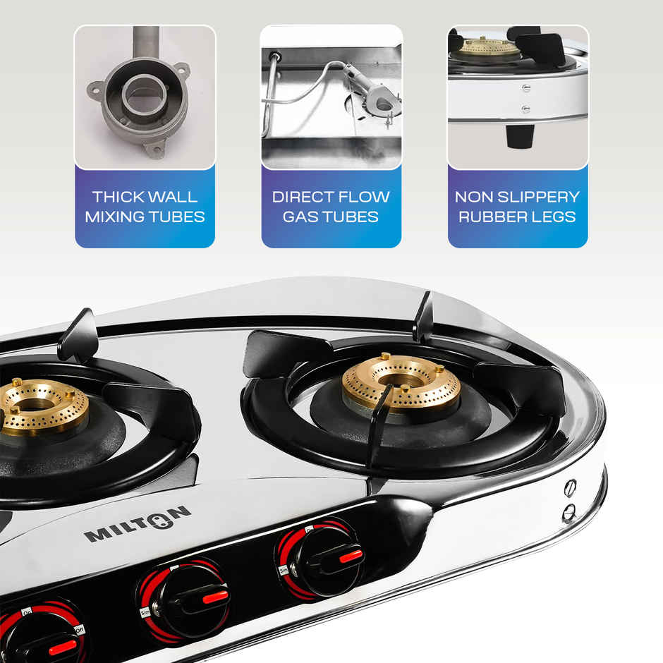 Milton Royal Stainless Steel Gas Stove 3 Burners | ISI Certified Manual Ignition